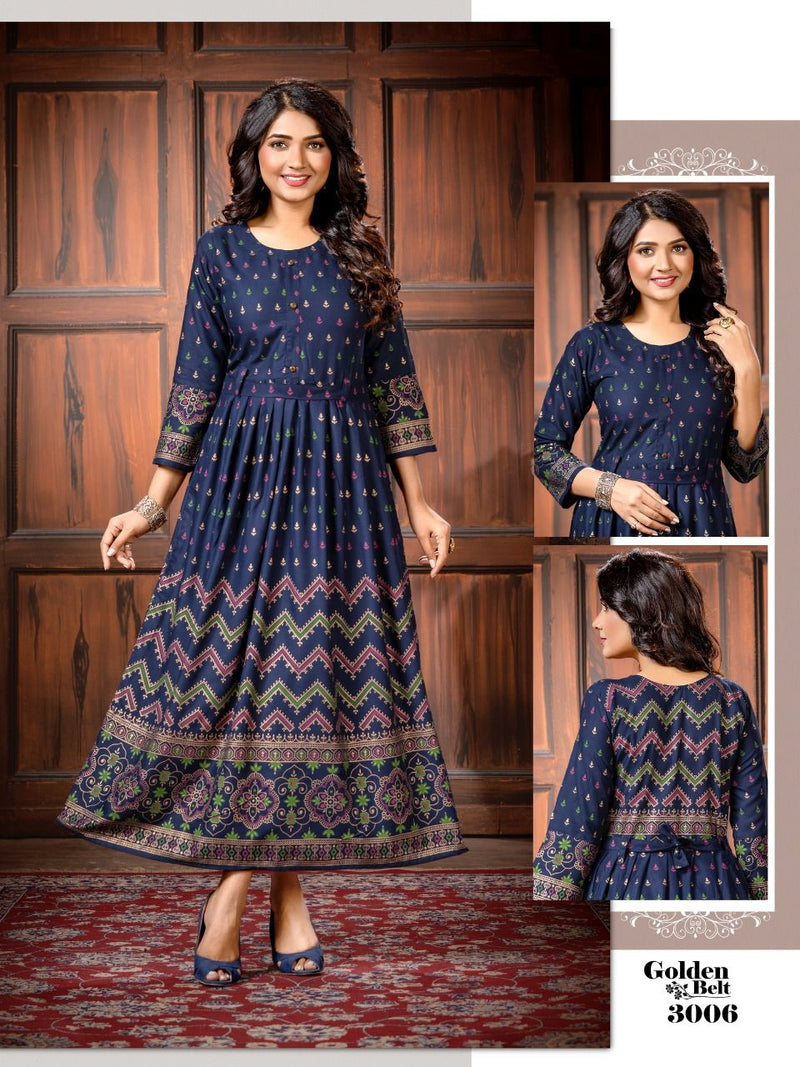 Golden Belt Rayon Foil Printed Fancy Gown Style Party Wear Kurtis