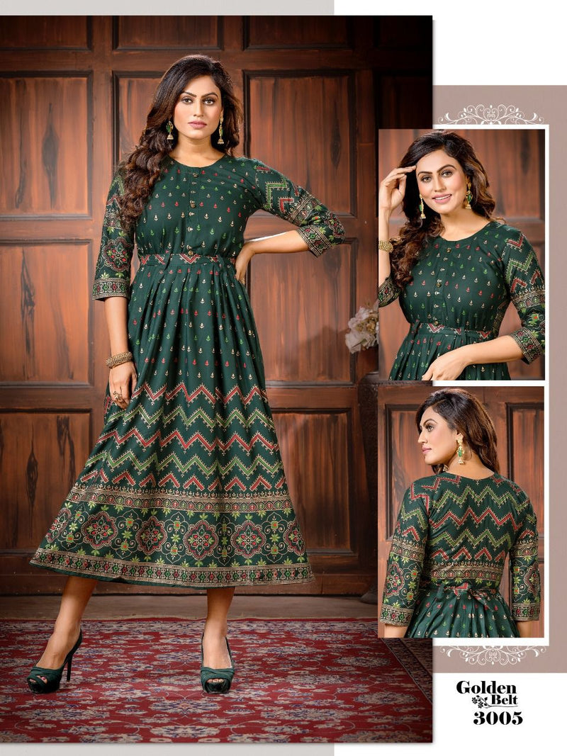 Golden Belt Rayon Foil Printed Fancy Gown Style Party Wear Kurtis