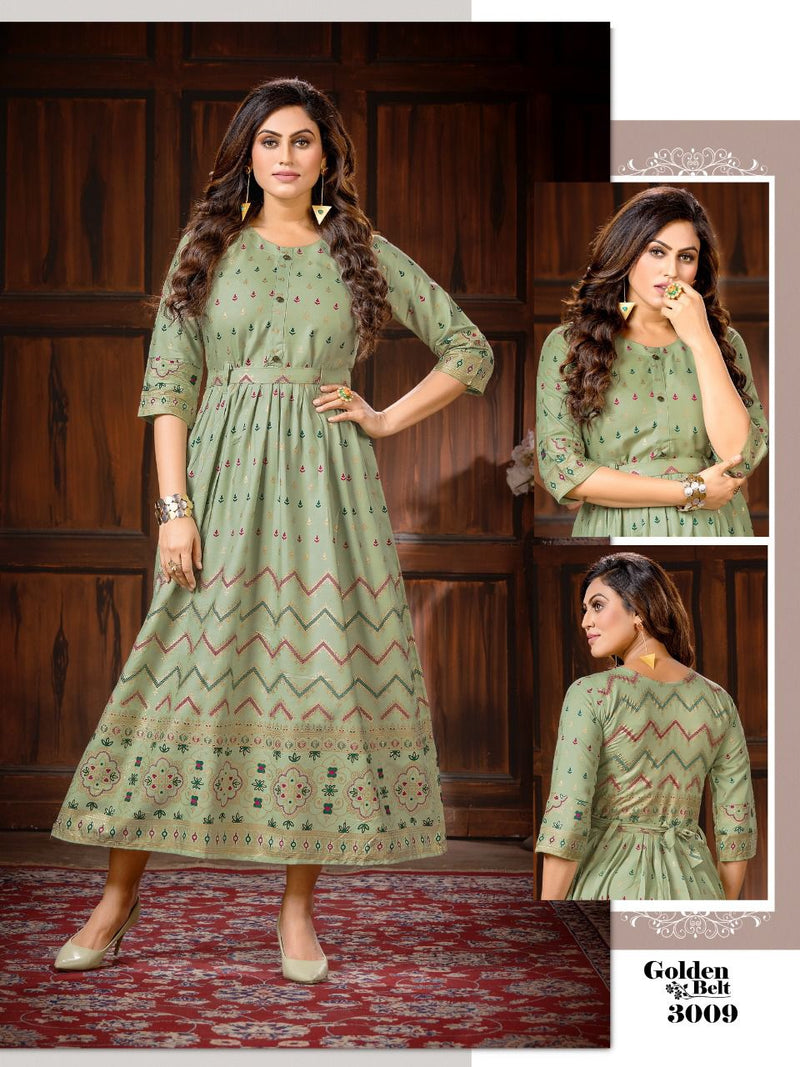 Golden Belt Rayon Foil Printed Fancy Gown Style Party Wear Kurtis