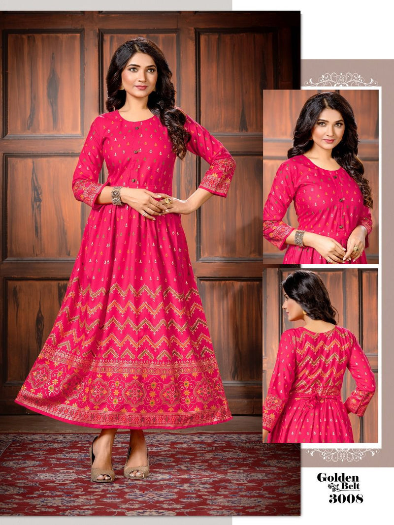 Golden Belt Rayon Foil Printed Fancy Gown Style Party Wear Kurtis