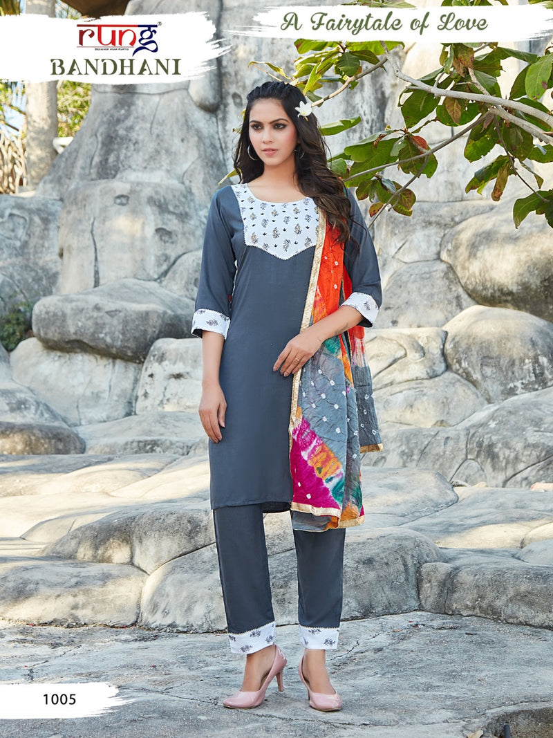 Rung Bandhani Rayon Slub Fancy Festive Wear Kurtis With Bottom & Dupatta