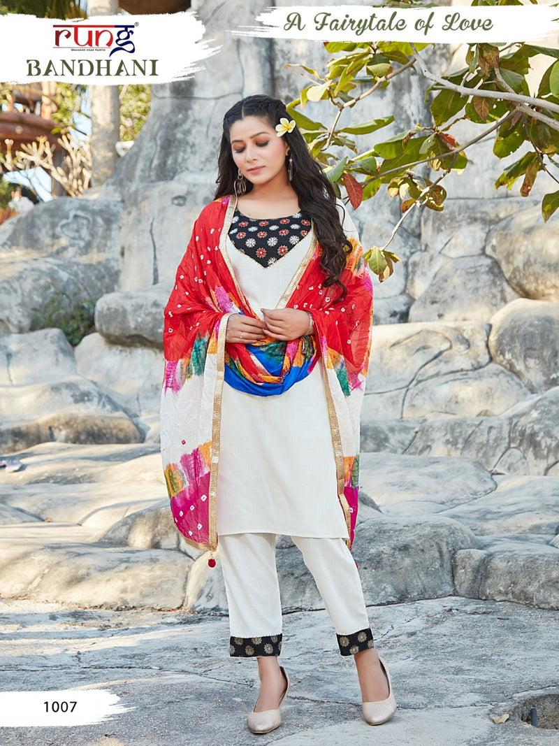 Rung Bandhani Rayon Slub Fancy Festive Wear Kurtis With Bottom & Dupatta