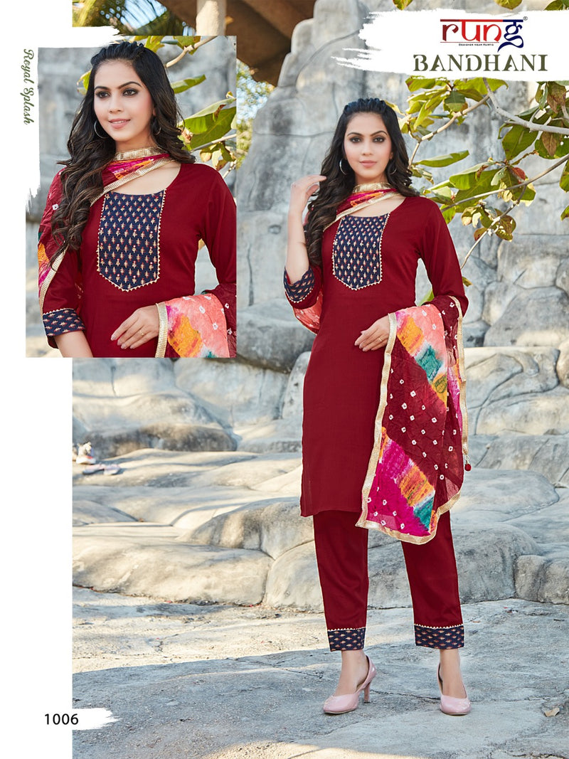 Rung Bandhani Rayon Slub Fancy Festive Wear Kurtis With Bottom & Dupatta