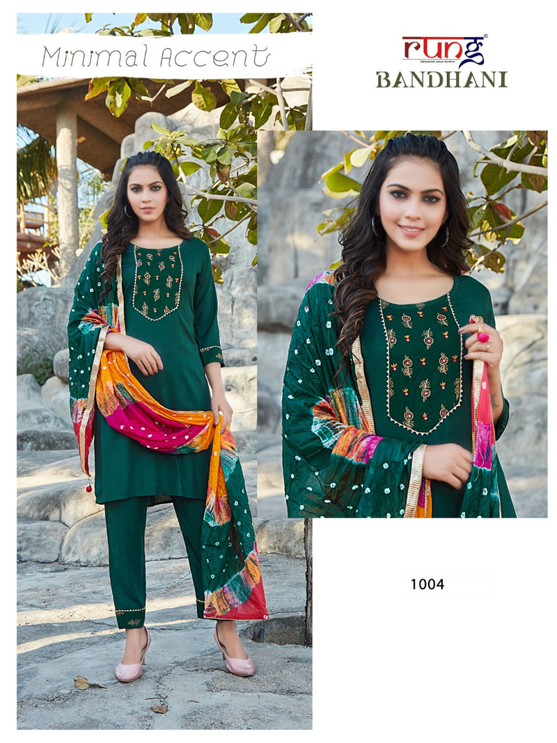Rung Bandhani Rayon Slub Fancy Festive Wear Kurtis With Bottom & Dupatta