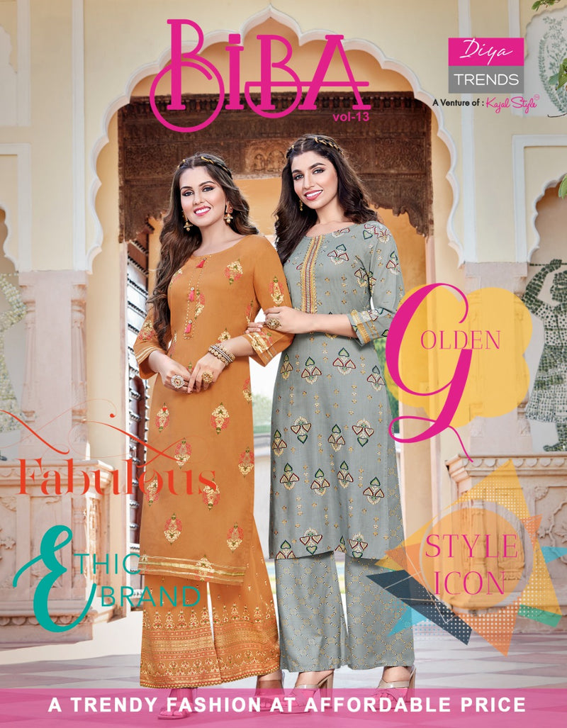 Diya Trends Bibas Vol 13 Rayon Gold Print Stylish Designer Fancy Long Kurti