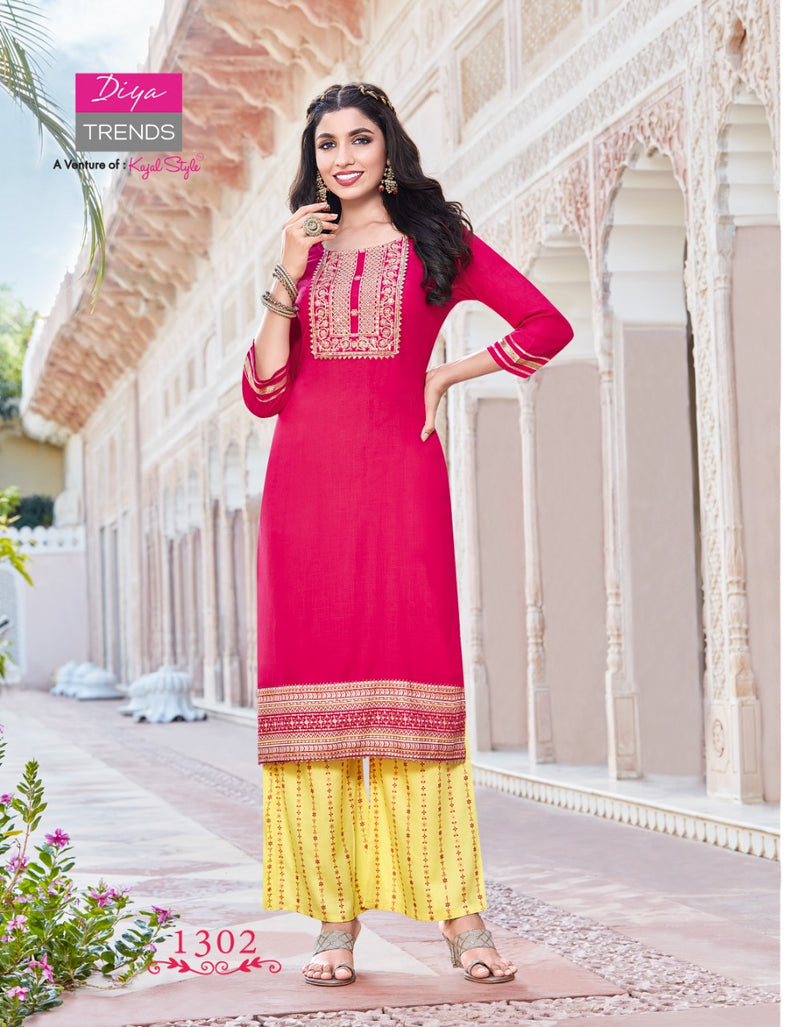 Diya Trends Bibas Vol 13 Rayon Gold Print Stylish Designer Fancy Long Kurti