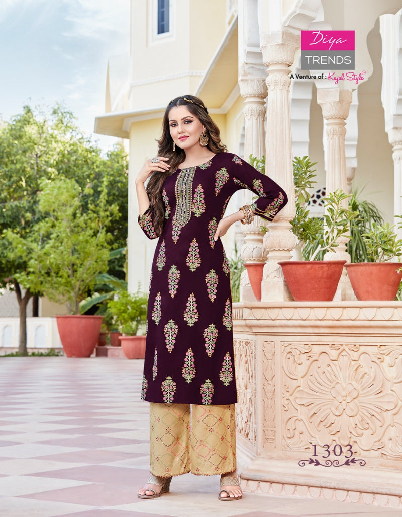 Diya Trends Bibas Vol 13 Rayon Gold Print Stylish Designer Fancy Long Kurti