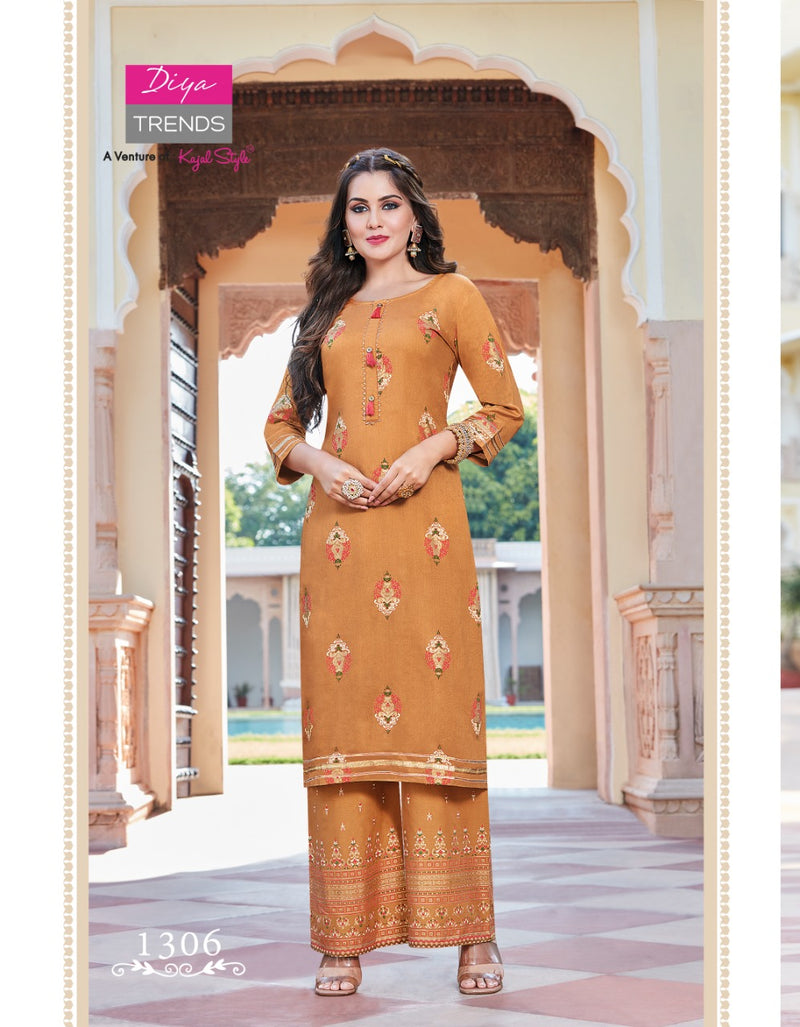 Diya Trends Bibas Vol 13 Rayon Gold Print Stylish Designer Fancy Long Kurti