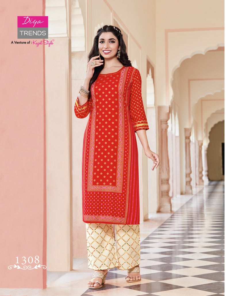 Diya Trends Bibas Vol 13 Rayon Gold Print Stylish Designer Fancy Long Kurti