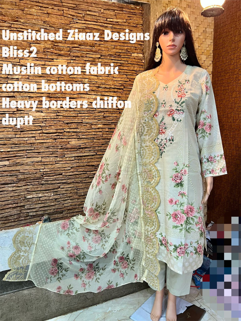 Ziaaz Designs Bliss 2 Muslin Cotton Embroidered Pakistani Style Party Wear Salwar Suits
