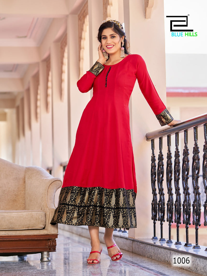 Blue Hills Bliss Rayon With Heavy Beautiful Work Stylish Designer Festive Wear Kurti