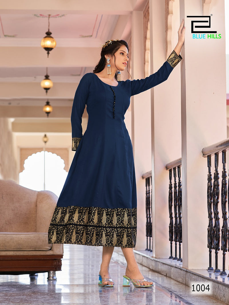 Blue Hills Bliss Rayon With Heavy Beautiful Work Stylish Designer Festive Wear Kurti