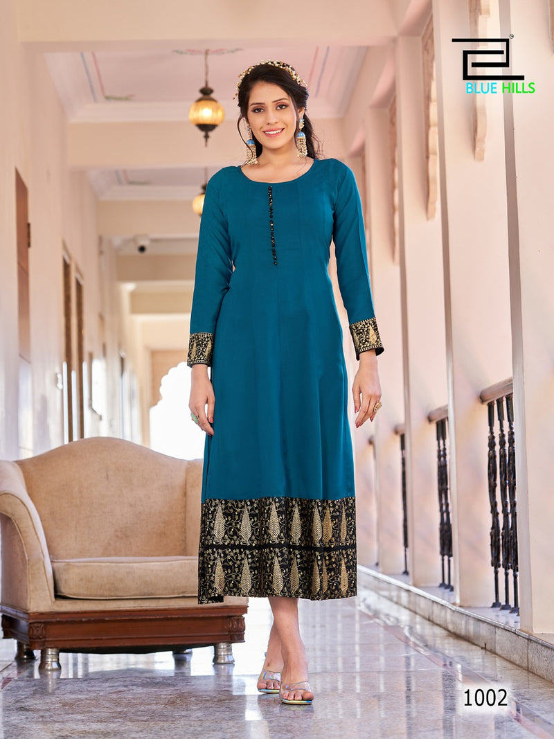 Blue Hills Bliss Rayon With Heavy Beautiful Work Stylish Designer Festive Wear Kurti