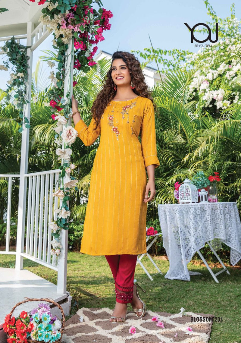 Wanna Blossom Vol 2 Viscose Rayon Golden Stripes Festive Wear Straight Kurtis With Bottom