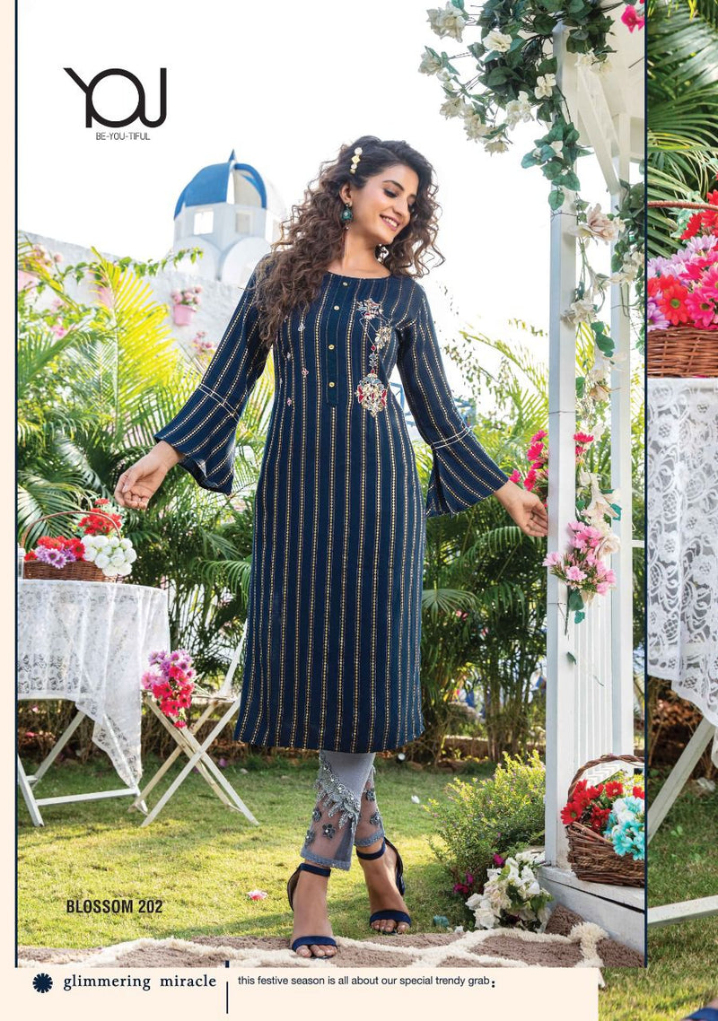 Wanna Blossom Vol 2 Viscose Rayon Golden Stripes Festive Wear Straight Kurtis With Bottom