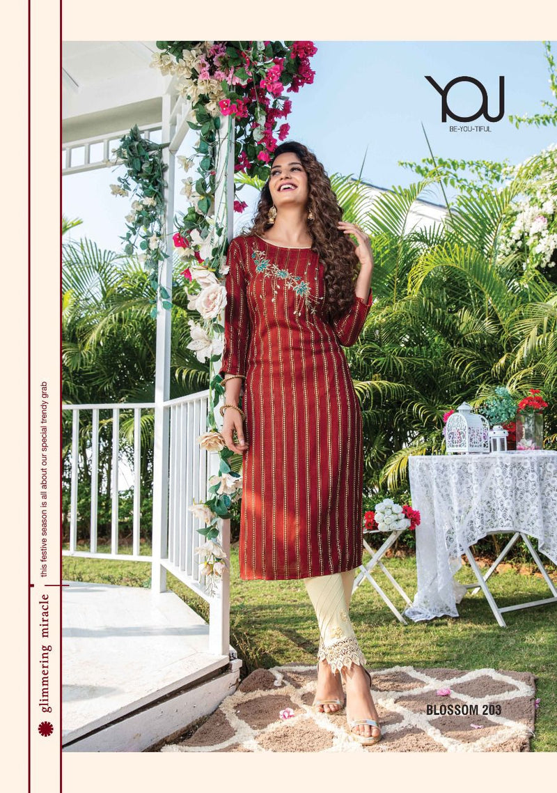 Wanna Blossom Vol 2 Viscose Rayon Golden Stripes Festive Wear Straight Kurtis With Bottom