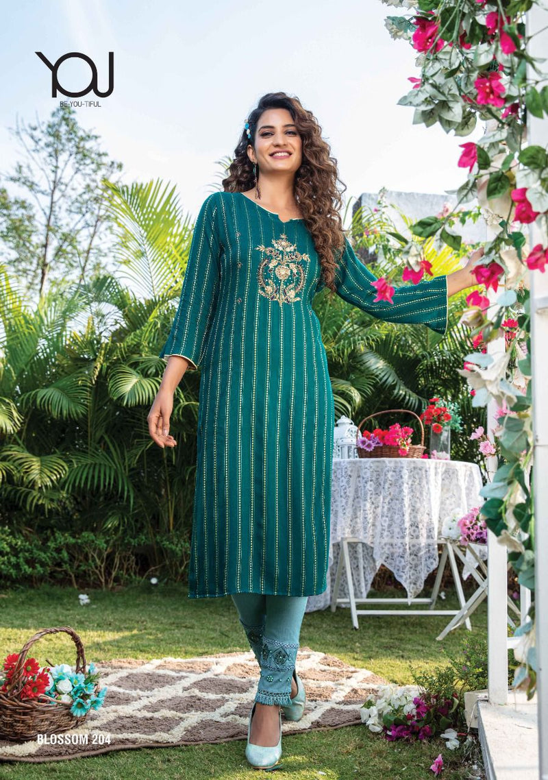 Wanna Blossom Vol 2 Viscose Rayon Golden Stripes Festive Wear Straight Kurtis With Bottom