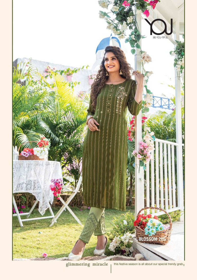 Wanna Blossom Vol 2 Viscose Rayon Golden Stripes Festive Wear Straight Kurtis With Bottom