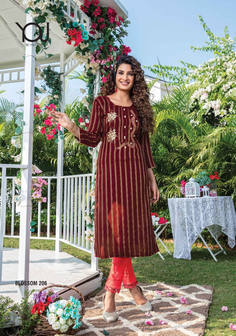 Wanna Blossom Vol 2 Viscose Rayon Golden Stripes Festive Wear Straight Kurtis With Bottom