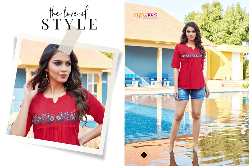 Tips & Tops Blossom Vol 8 Rayon Short Fancy Stylish Western Wear Kurtis With Beautiful Embroidery