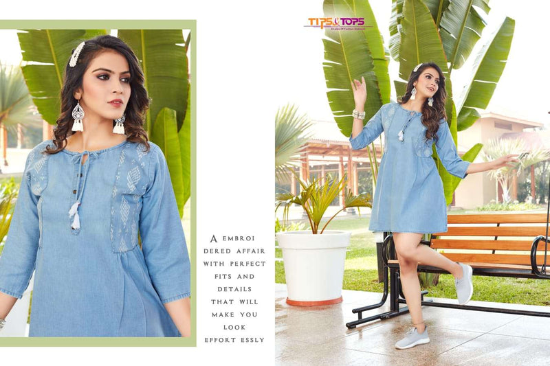 Tips And Tops Blue Cotton Denim Stylish Casual Wear Kurti