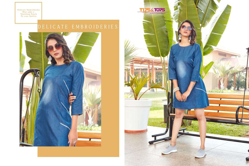 Tips And Tops Blue Cotton Denim Stylish Casual Wear Kurti
