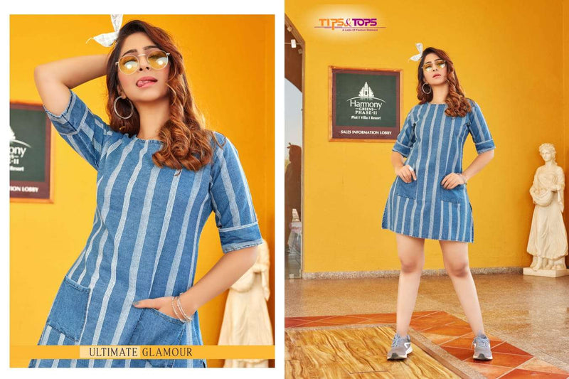 Tips And Tops Blue Cotton Denim Stylish Casual Wear Kurti
