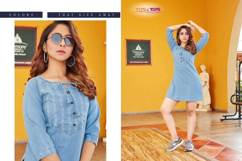 Tips And Tops Blue Cotton Denim Stylish Casual Wear Kurti