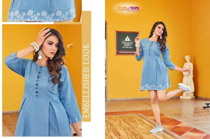 Tips And Tops Blue Cotton Denim Stylish Casual Wear Kurti