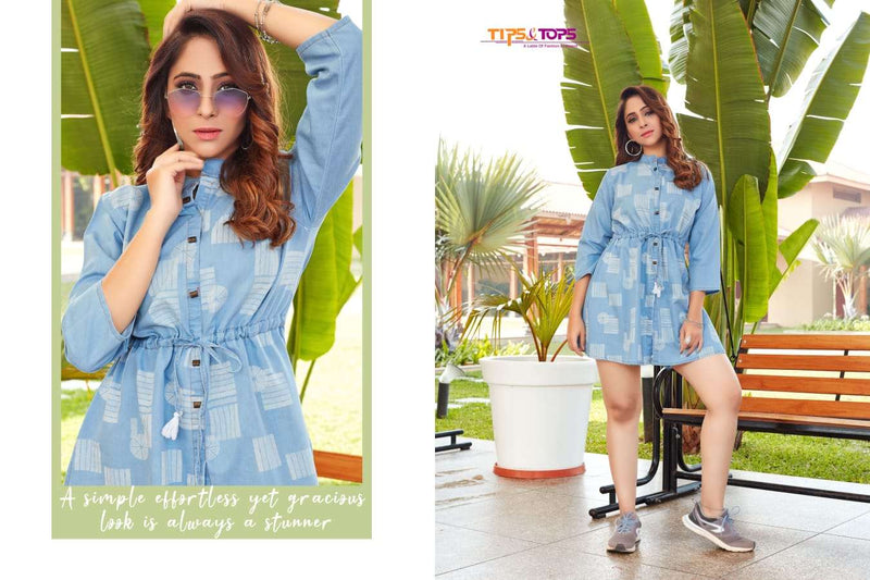 Tips And Tops Blue Cotton Denim Stylish Casual Wear Kurti