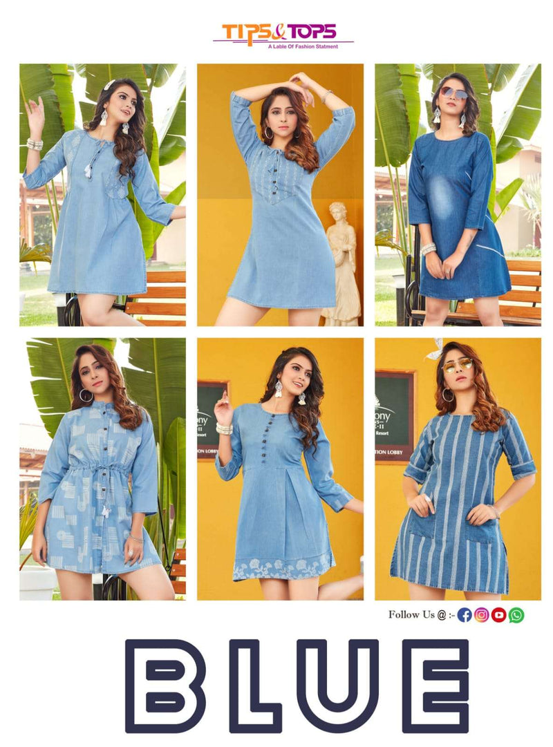 Tips And Tops Blue Cotton Denim Stylish Casual Wear Kurti