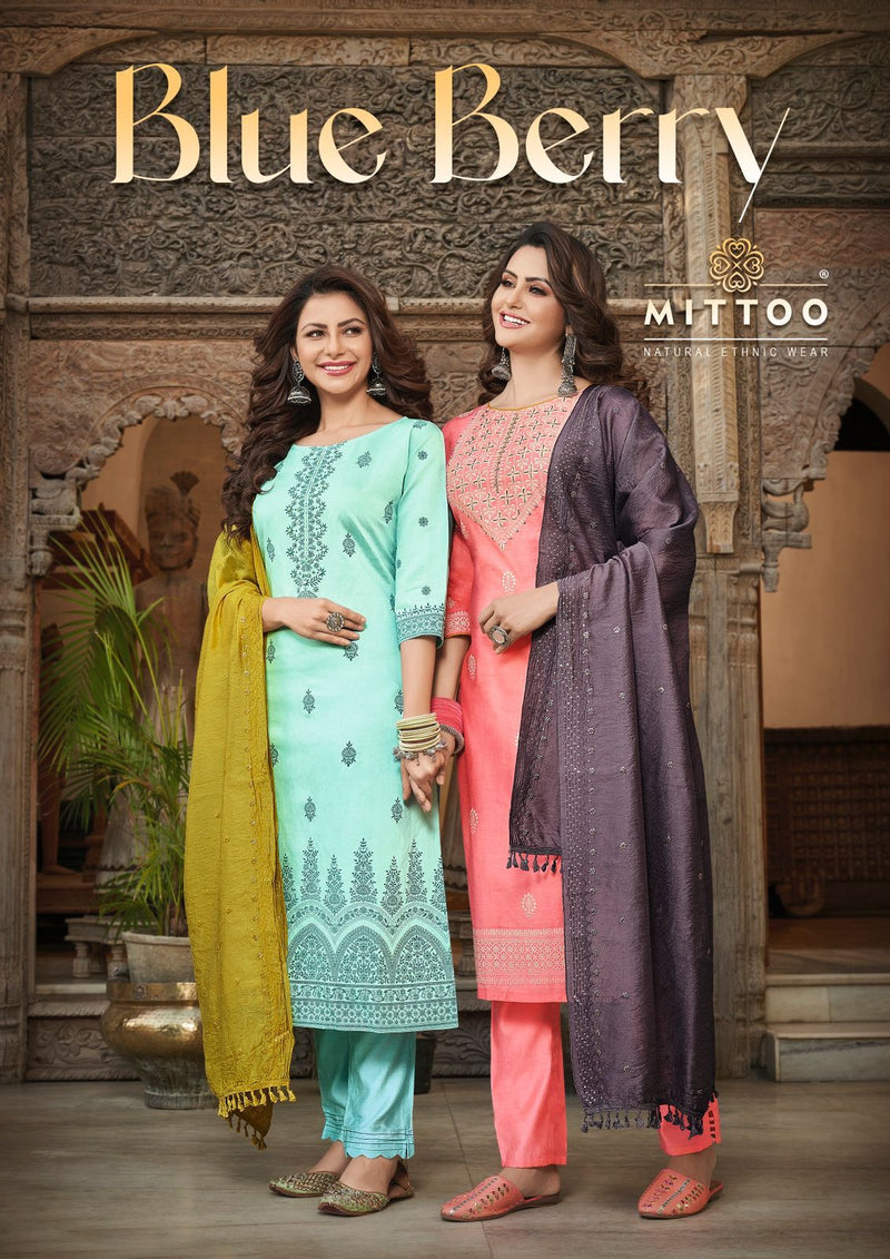 Mittoo Blue Berry Viscose Embroidered Designer Party Wear Kurtis With Bottom & Dupatta