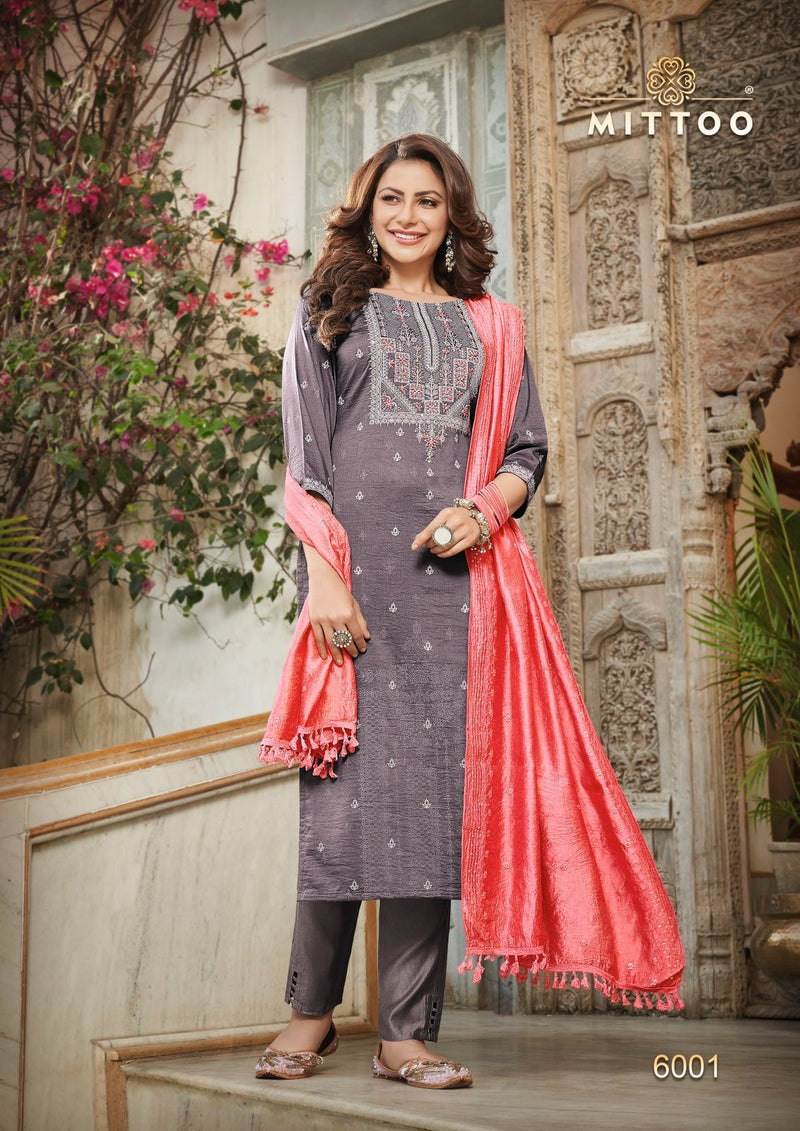 Mittoo Blue Berry Viscose Embroidered Designer Party Wear Kurtis With Bottom & Dupatta