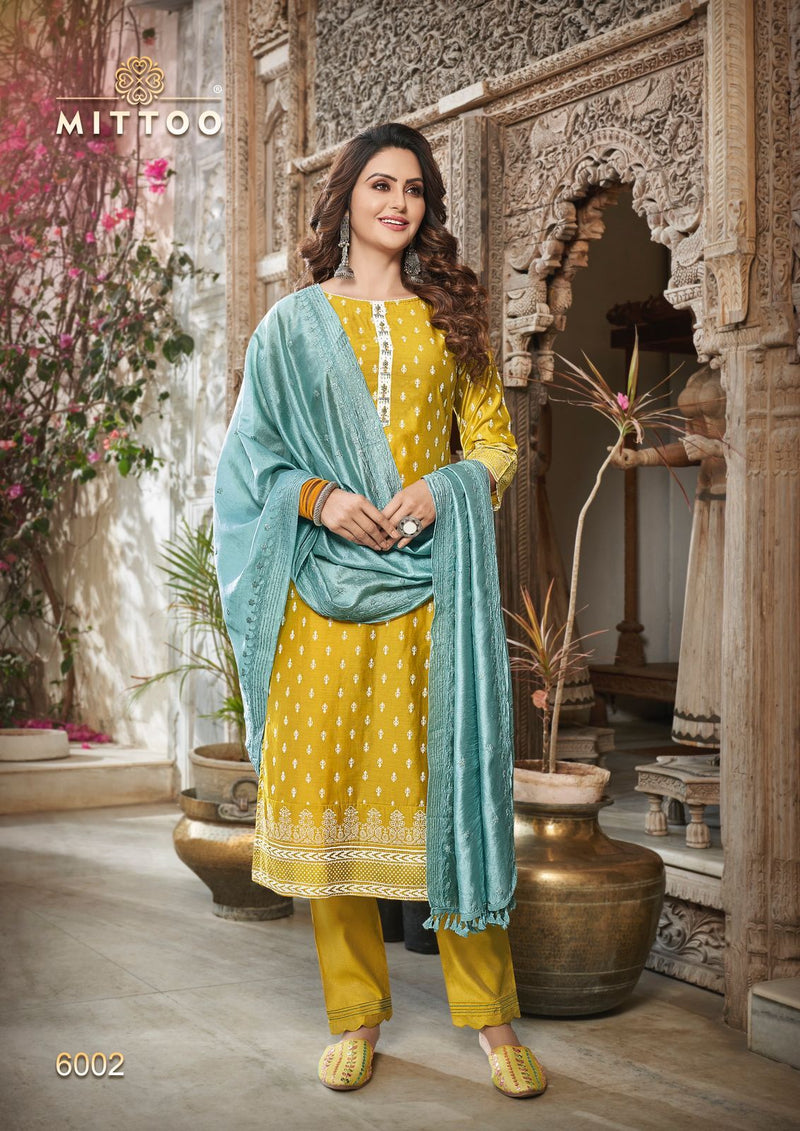 Mittoo Blue Berry Viscose Embroidered Designer Party Wear Kurtis With Bottom & Dupatta