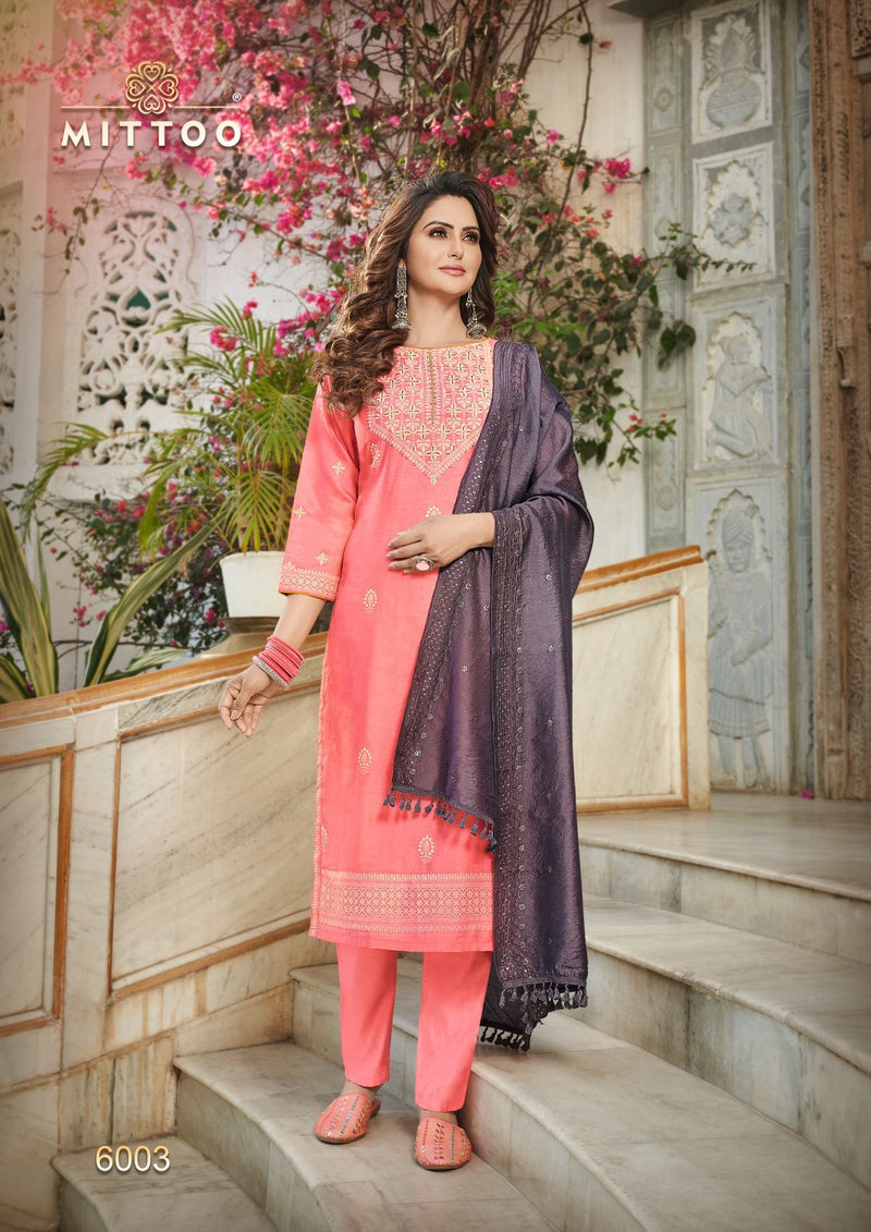 Mittoo Blue Berry Viscose Embroidered Designer Party Wear Kurtis With Bottom & Dupatta