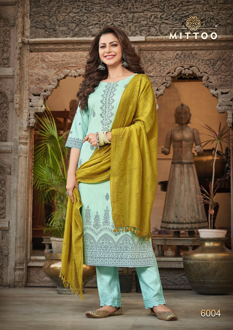 Mittoo Blue Berry Viscose Embroidered Designer Party Wear Kurtis With Bottom & Dupatta