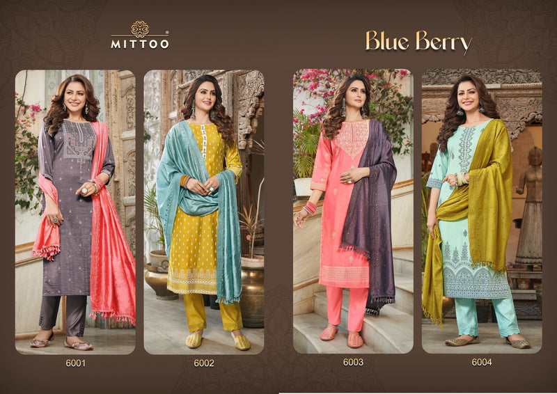 Mittoo Blue Berry Viscose Embroidered Designer Party Wear Kurtis With Bottom & Dupatta