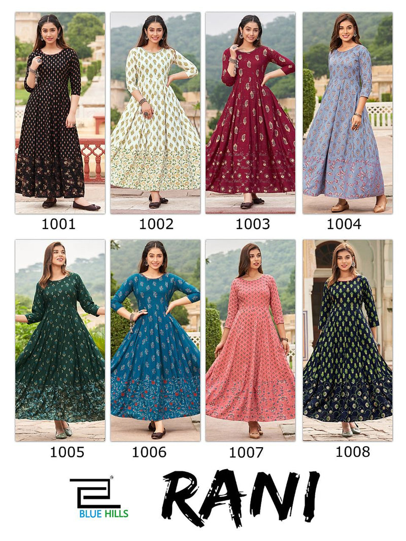 Blue Hills Rani Vol 1 Rayon With Foil Printed Work Stylish Designer Party Wear Fancy Long Gown