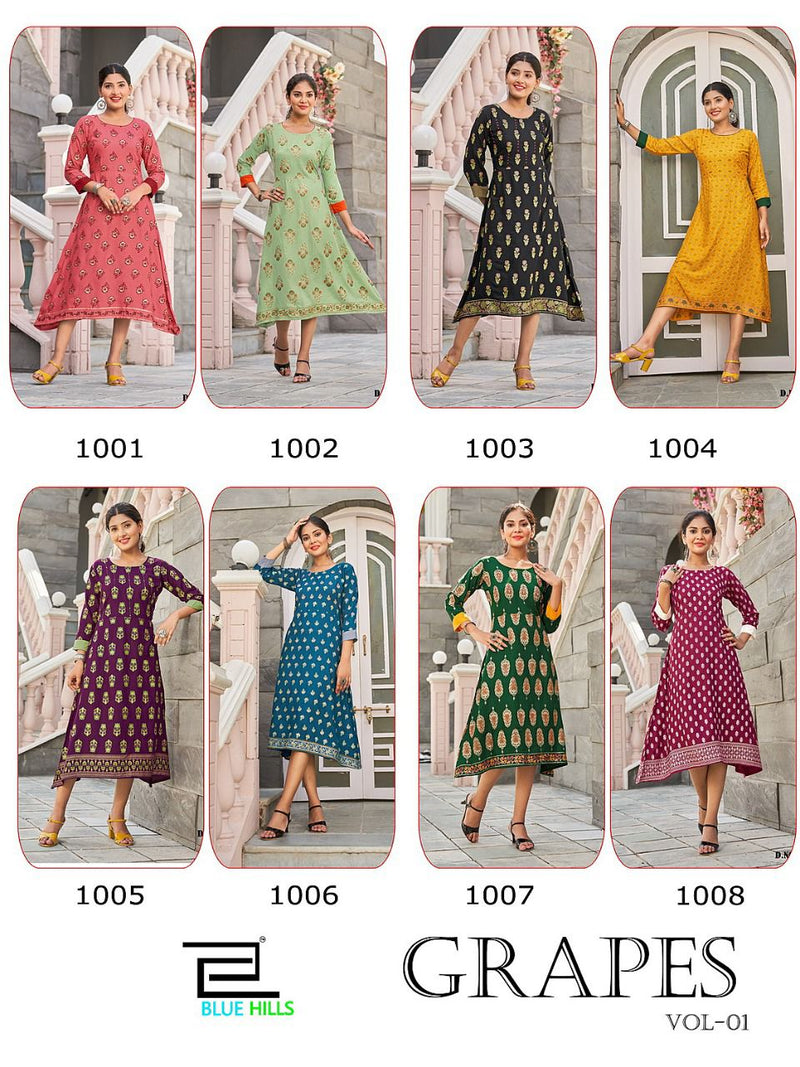 Blue Hills Grapes Vol 1 Rayon With Fancy Work Stylish Designer Party Wear Fancy Kurti