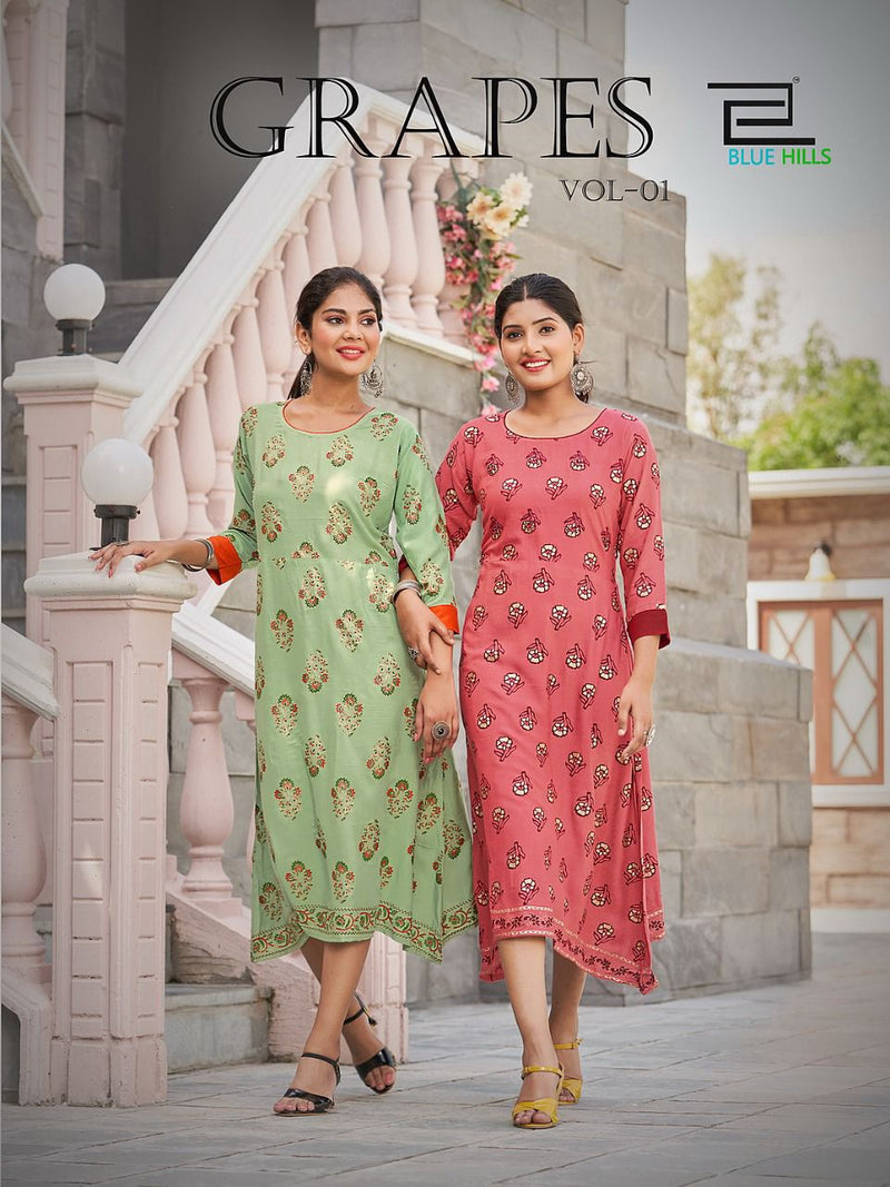 Blue Hills Grapes Vol 1 Rayon With Fancy Work Stylish Designer Party Wear Fancy Kurti