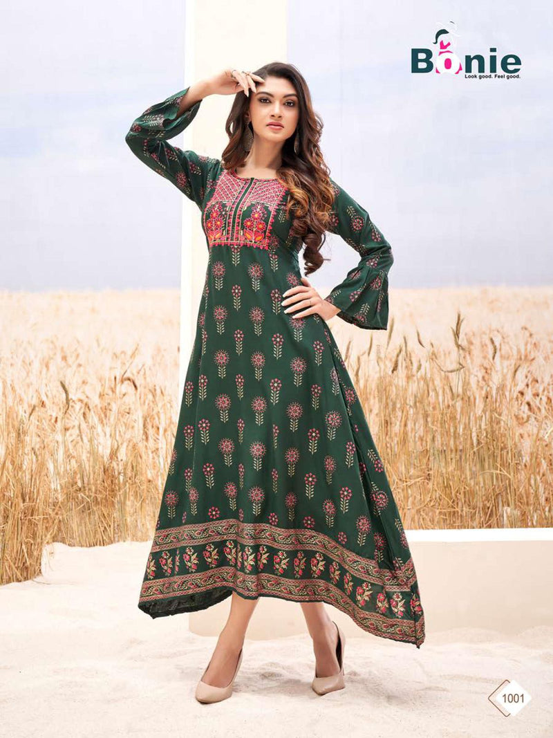 Bonie Srivali Heavy Rayon Gown Style Fancy Stylish  Festive Wear Kurtis