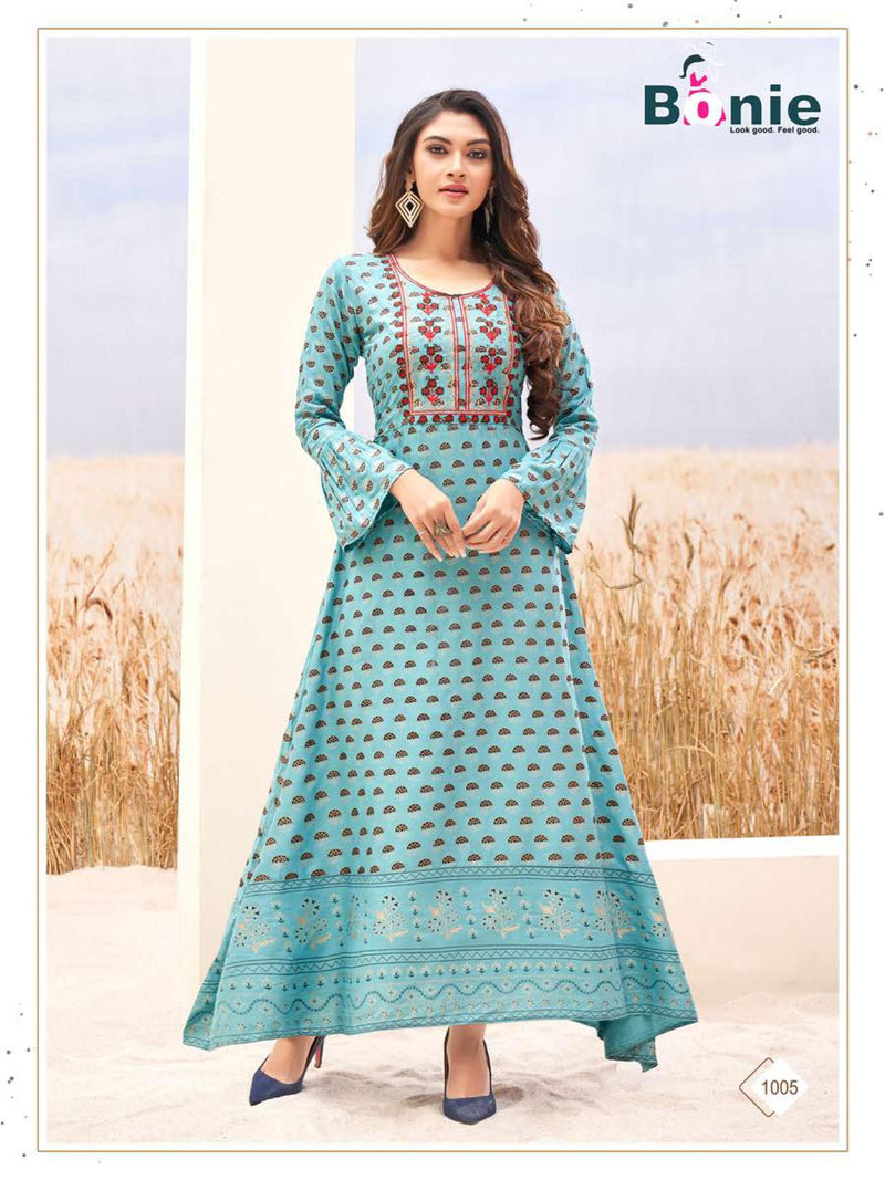 Bonie Srivali Heavy Rayon Gown Style Fancy Stylish  Festive Wear Kurtis