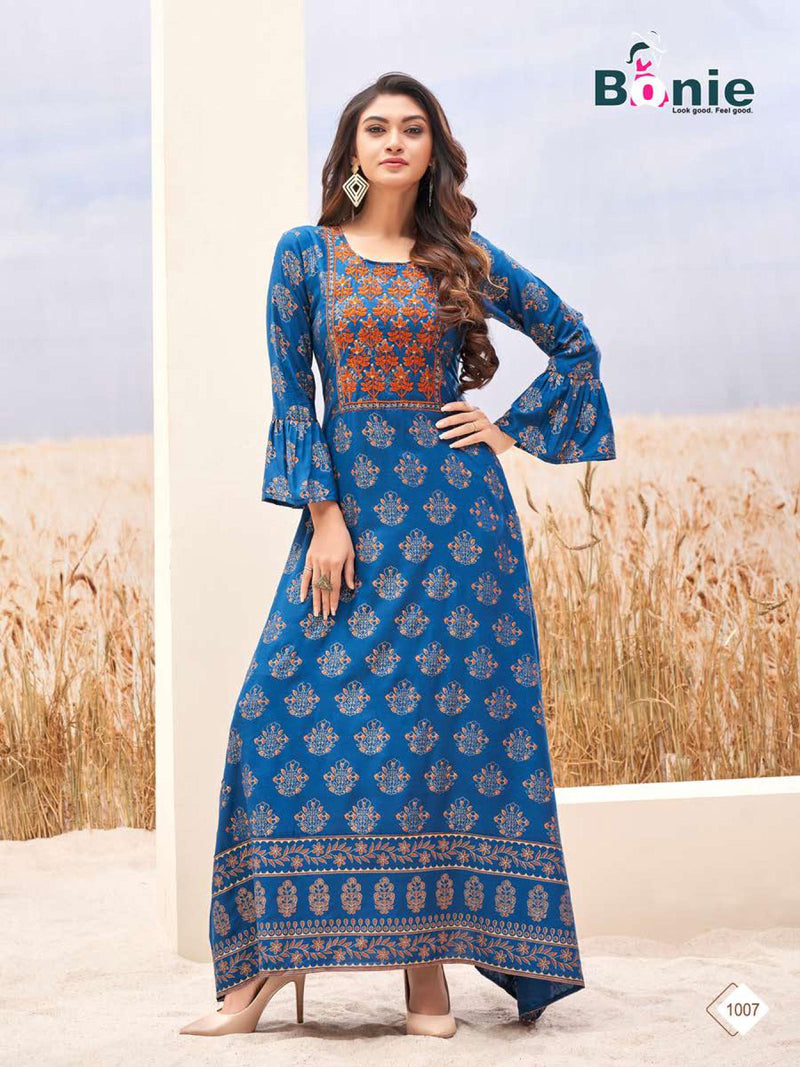 Bonie Srivali Heavy Rayon Gown Style Fancy Stylish  Festive Wear Kurtis