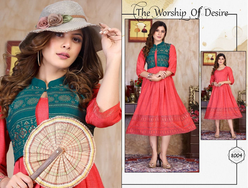 Riyaa Breezy Vol 1 Rayon Party Wear Gown Style Foil Printed Kurtis With Koti