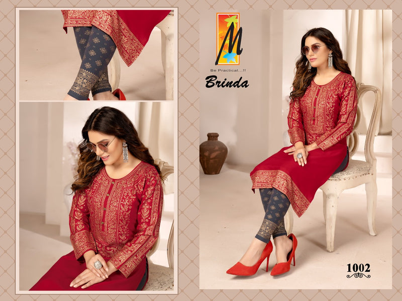 Master Brinda Rayon With Gold Printed Fancy Party Wear Kurtis