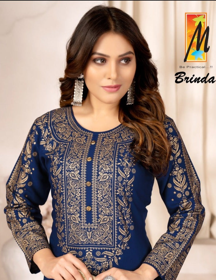 Master Brinda Rayon With Gold Printed Fancy Party Wear Kurtis