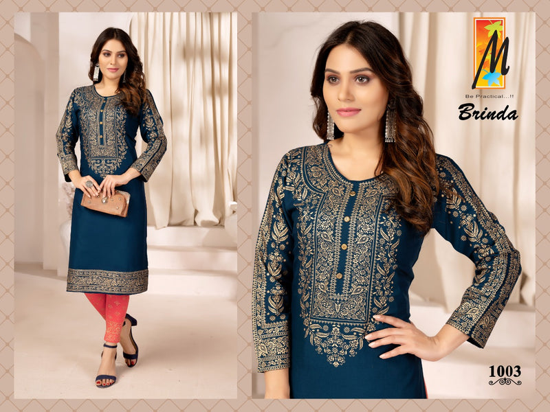 Master Brinda Rayon With Gold Printed Fancy Party Wear Kurtis