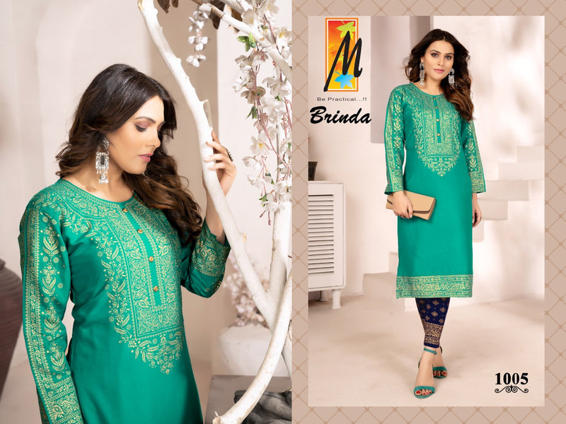 Master Brinda Rayon With Gold Printed Fancy Party Wear Kurtis