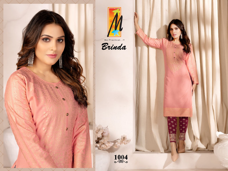 Master Brinda Rayon With Gold Printed Fancy Party Wear Kurtis