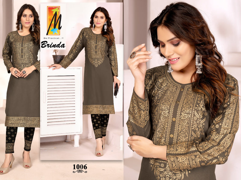 Master Brinda Rayon With Gold Printed Fancy Party Wear Kurtis